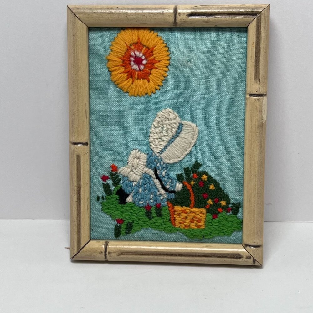 Framed Completed Crewel Holly Hobbie 1970's Girl with‎ Basket in Garden Sunshine